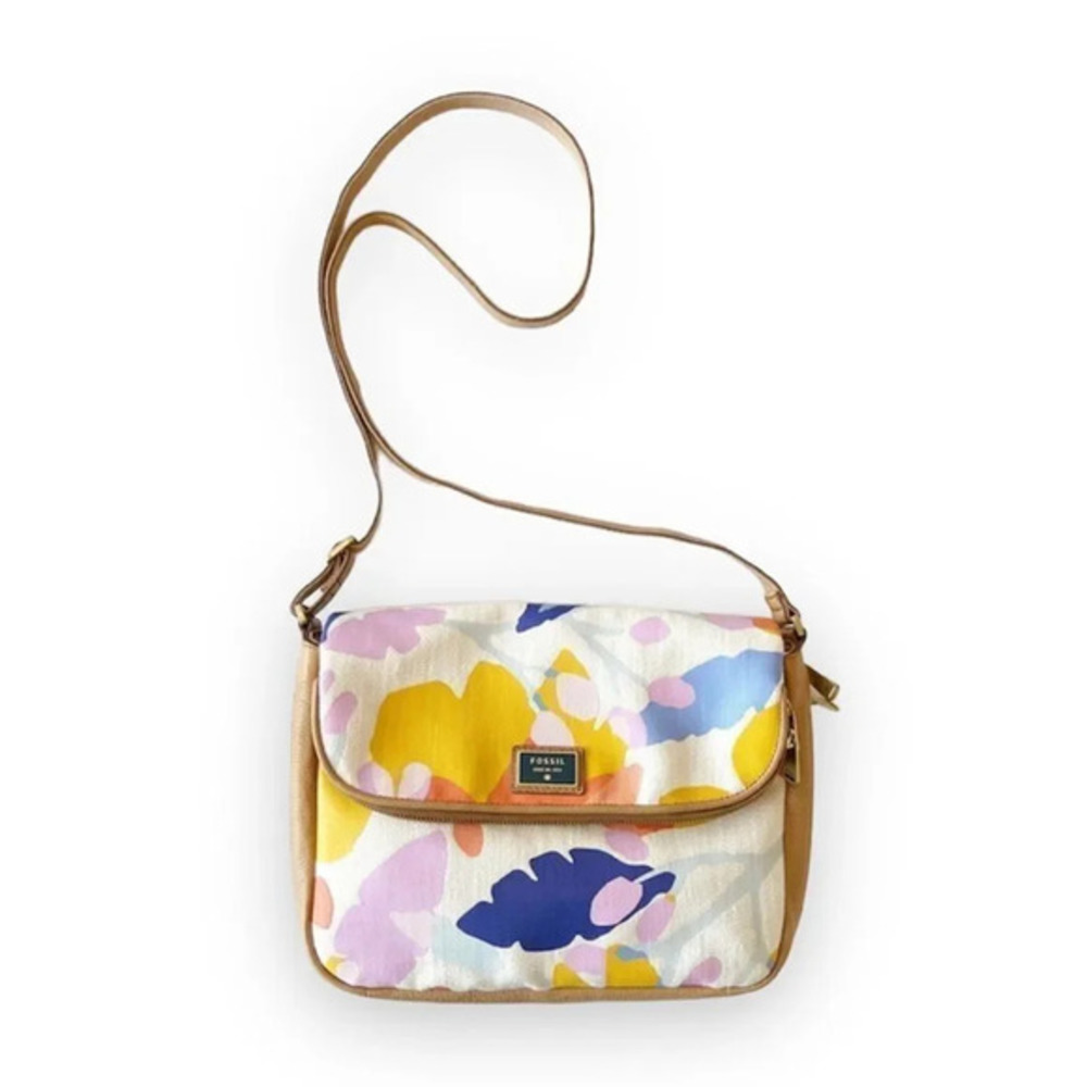 Fossil Preston Crossbody Colorful Botanical Print Leather Trim Expandable Spring
